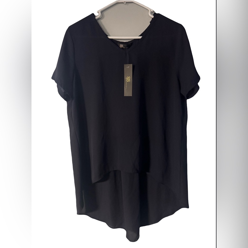 NWT SJS Navy Blue Women’s High-Low Flowy Blouse Short Sleeve V Neck size L